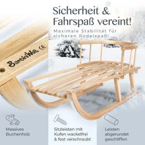 Bambiniwelt Holzschlitten mit Rückenlehne, Winterfußsack, dunkelgrau. Schlitten & Zubehör.