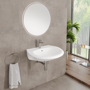 Weißes, rundes Standard-Waschbecken (60 cm) mit Armatur und Handtuchhalter im Badezimmer.