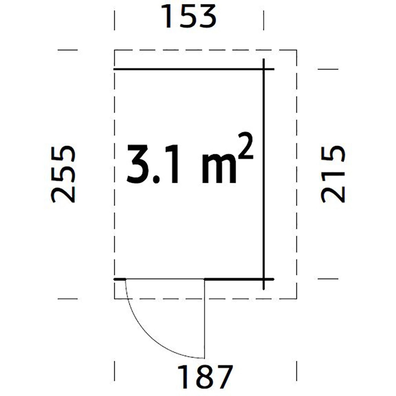 Grundriss Palmako Anbauschuppen für Holz-Gartenhäuser, 153x215 cm, 3,1 m² Fläche.