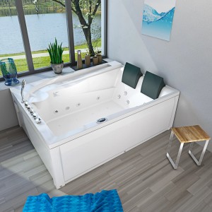 AquaVapore Whirlpool Badewanne 180x135cm, weiße Eckwanne mit Nackenkissen und Armaturen.