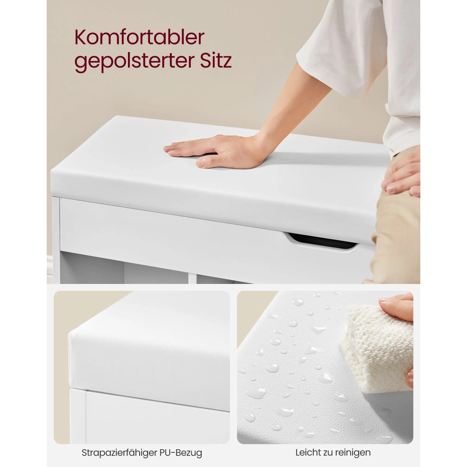 Weiße Vasagle Schuhbank mit Sitzfläche und Staufach für Schuhe.