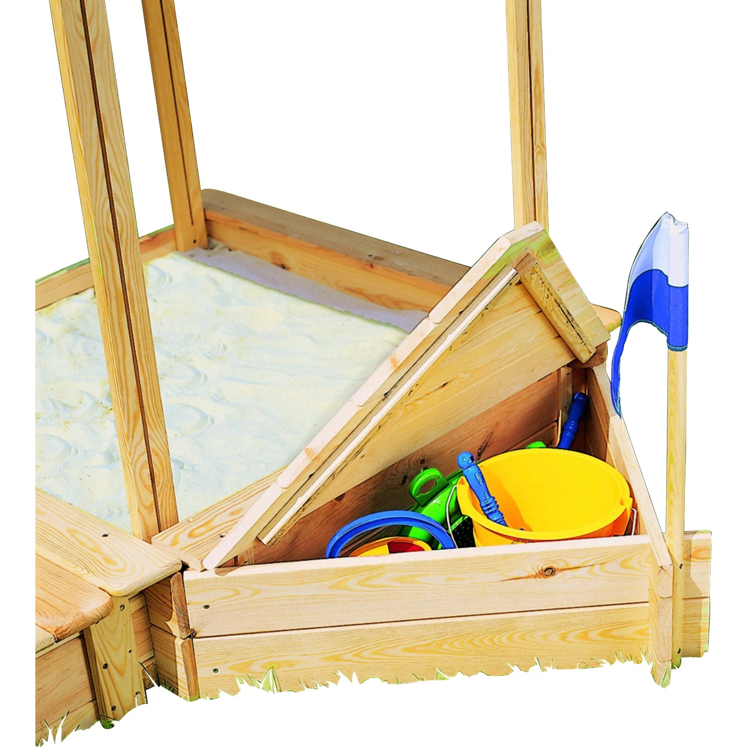 Promadino Sitzbox und Bugbox Zubehör für Sandkasten Peter, aus Kiefernholz mit Spielzeug.