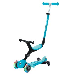 Blauer Globber Go-Up 3in1 Scooter, Laufrad und Aufsitzrad mit LED-Rädern, höhenverstellbar.