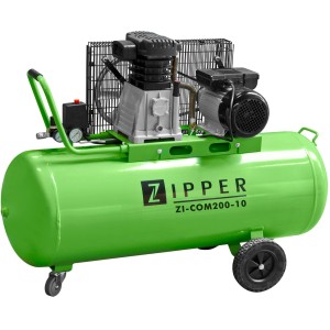 Grüner Zipper Kompressor ZI-COM200-10, riemenbetrieben, mit Manometern und Schnellanschlüssen.
