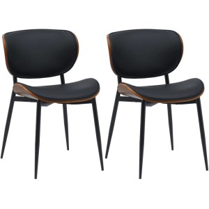 Zwei moderne Esszimmerstühle Enid im Set. Schwarzes Kunstleder, walnussfarbene Holzdetails, schwarzes Metallgestell.