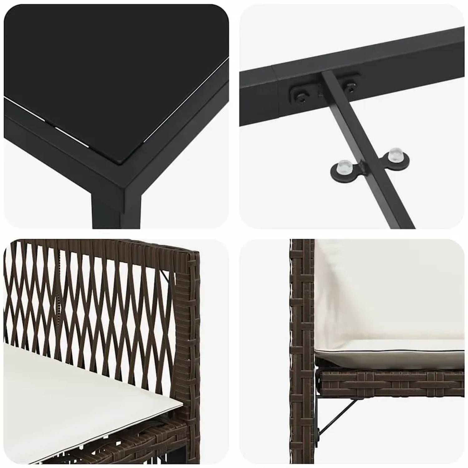 Detailansichten der braunen vidaXL Garten Essgruppe aus Polyrattan, 5-teilig, mit Tisch und Stühlen.