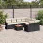 vidaXL 9-tlg. Garten-Sofagarnitur aus schwarzem Poly Rattan mit cremefarbenen Kissen.