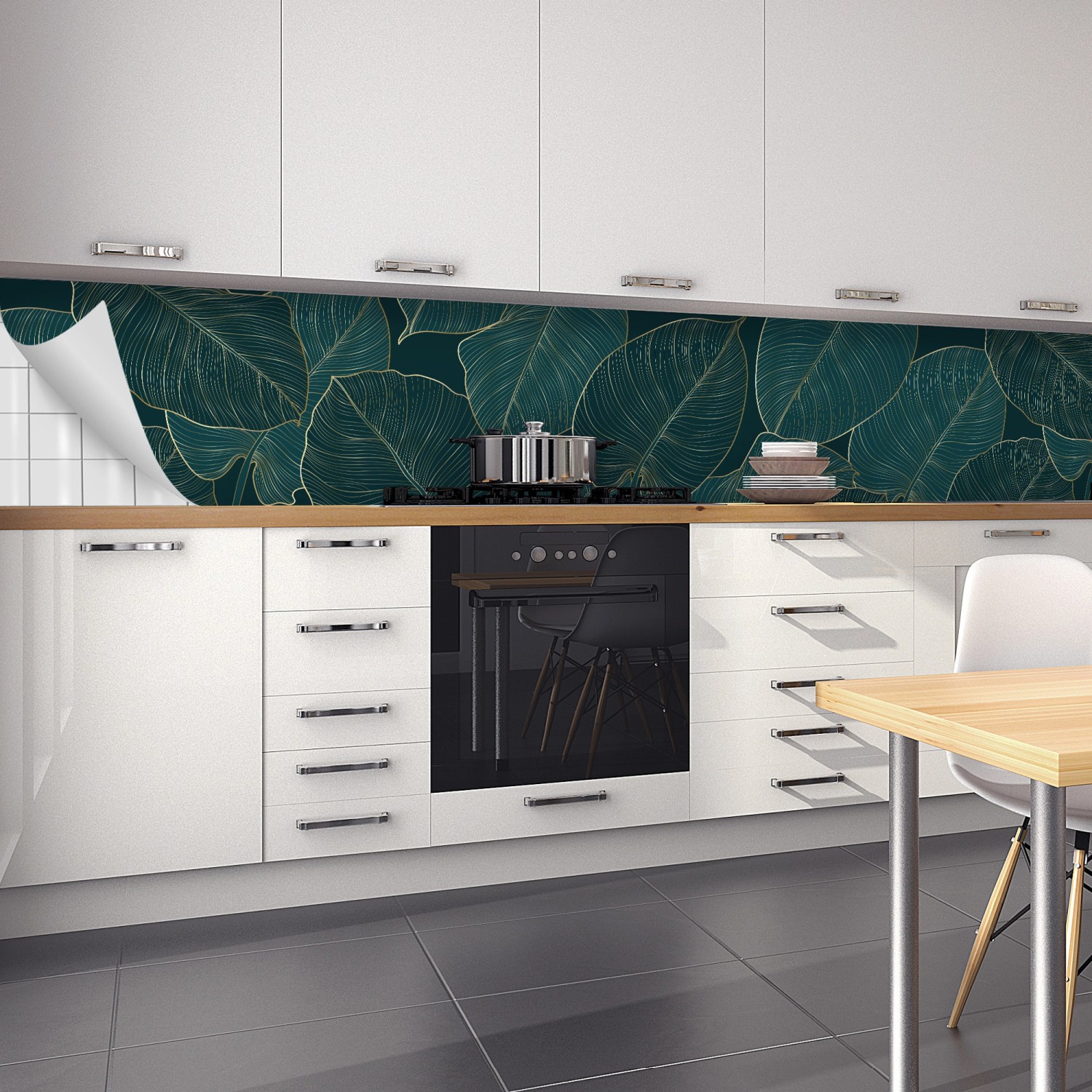 Küchenrückwandfolie Leaves Green von Myspotti, selbstklebend, mit Blattmuster in Küche.