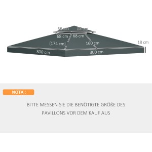 Technische Zeichnung Outsunny Ersatzdach, 3x3m, Kohlegrau, Maße für Pavillon. Markise & Sonnenschutz.