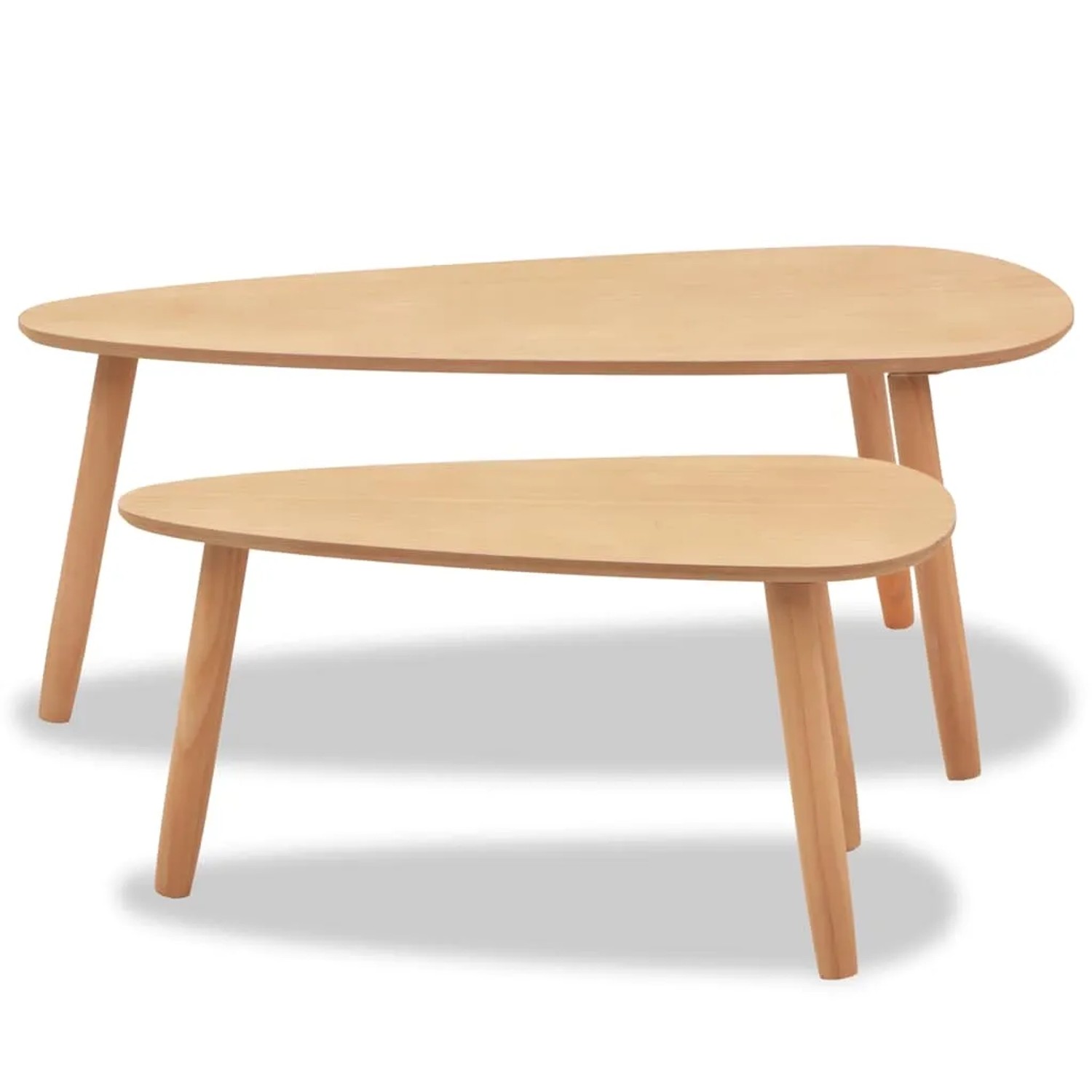 Zwei braune Couchtische im skandinavischen Stil. Organische MDF-Tischplatten, Beine aus massivem Kiefernholz.