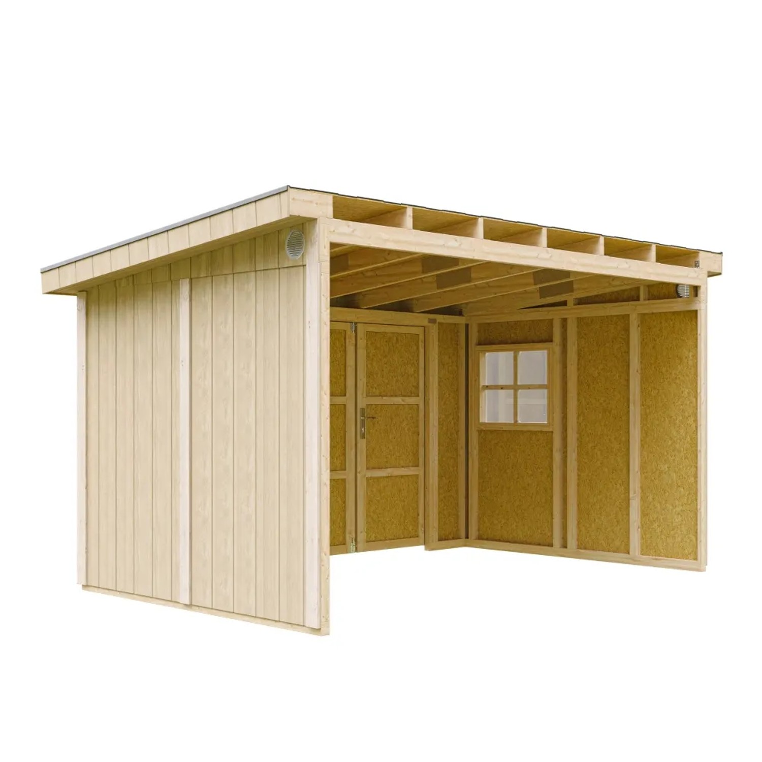 Timbela Premium Gartenschuppen M939B, beige-braun, 8,68 m², mit Fenster und Doppeltür.