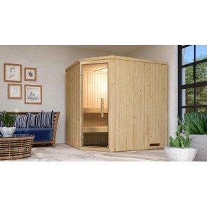 Weka Element-Ecksauna Varberg 2 Sparset mit Glastür, Fichte natur, 5,4 kW Ofen.