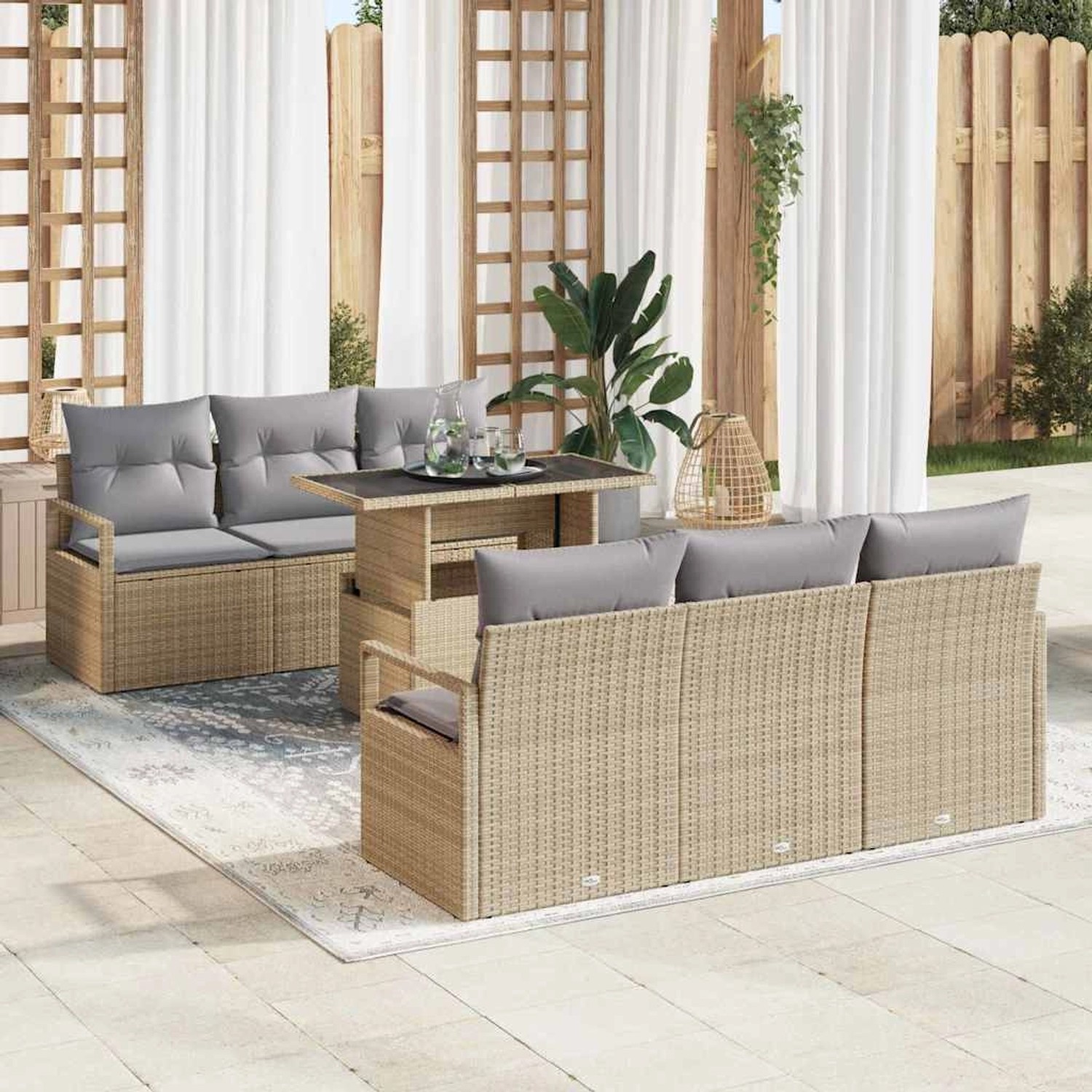 Beiges 7-teiliges vidaXL Garten-Sofa-Set aus Polyrattan mit Tisch und Stauraum.
