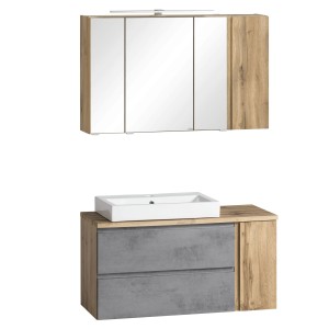 Held Möbel Waschtisch-Set Ancona, 105 cm, Betongrau/Wotaneiche mit Becken links und Spiegelschrank.