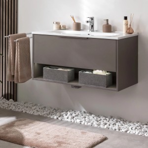 Fackelmann Waschtisch-Set B.Paris mit Gussbecken, 90,5 cm, Cubanit Grau. Badmöbel-Set mit offenem, beleuchtetem Fach.