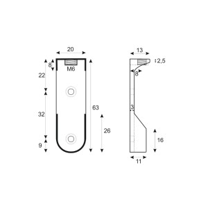 SOTECH Schrankstangenlager: Technische Zeichnung mit Maßen 63x20x13mm für ovale Kleiderstangen. Seiten- & Fachbodenbefestigung.