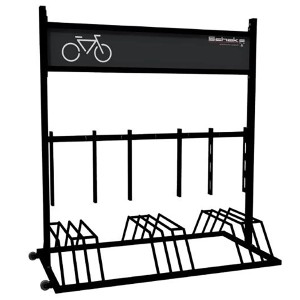 Schake Fahrradständer Mobil, tiefschwarz, mit Werbeschild, Basismodell ohne Steckdosen.