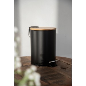 WENKO Treteimer Tortona, schwarz matt, mit Bambusdeckel und Absenkautomatik.