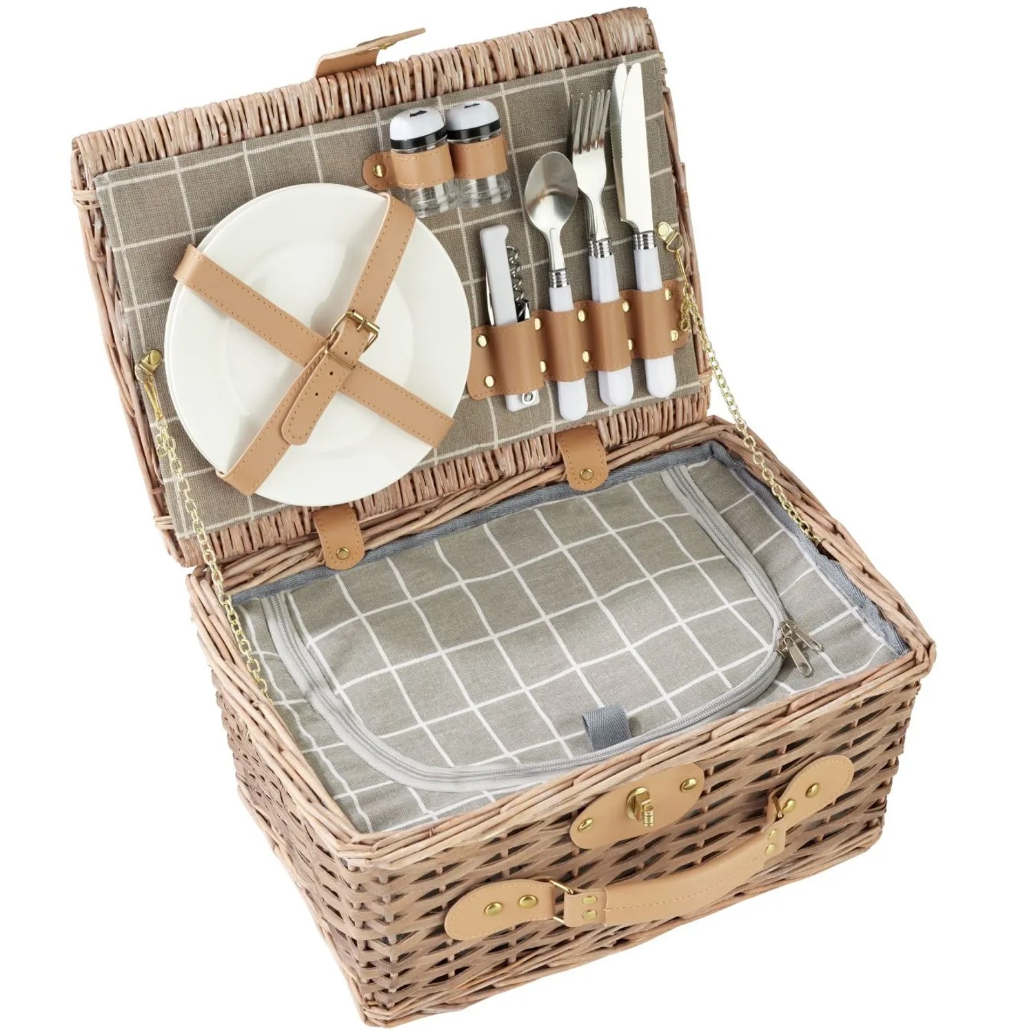 Tectake Picknickkorb Langeoog Für 2 Personen Integriertes Kühlfach  27 x 38 x 19 cm Braun