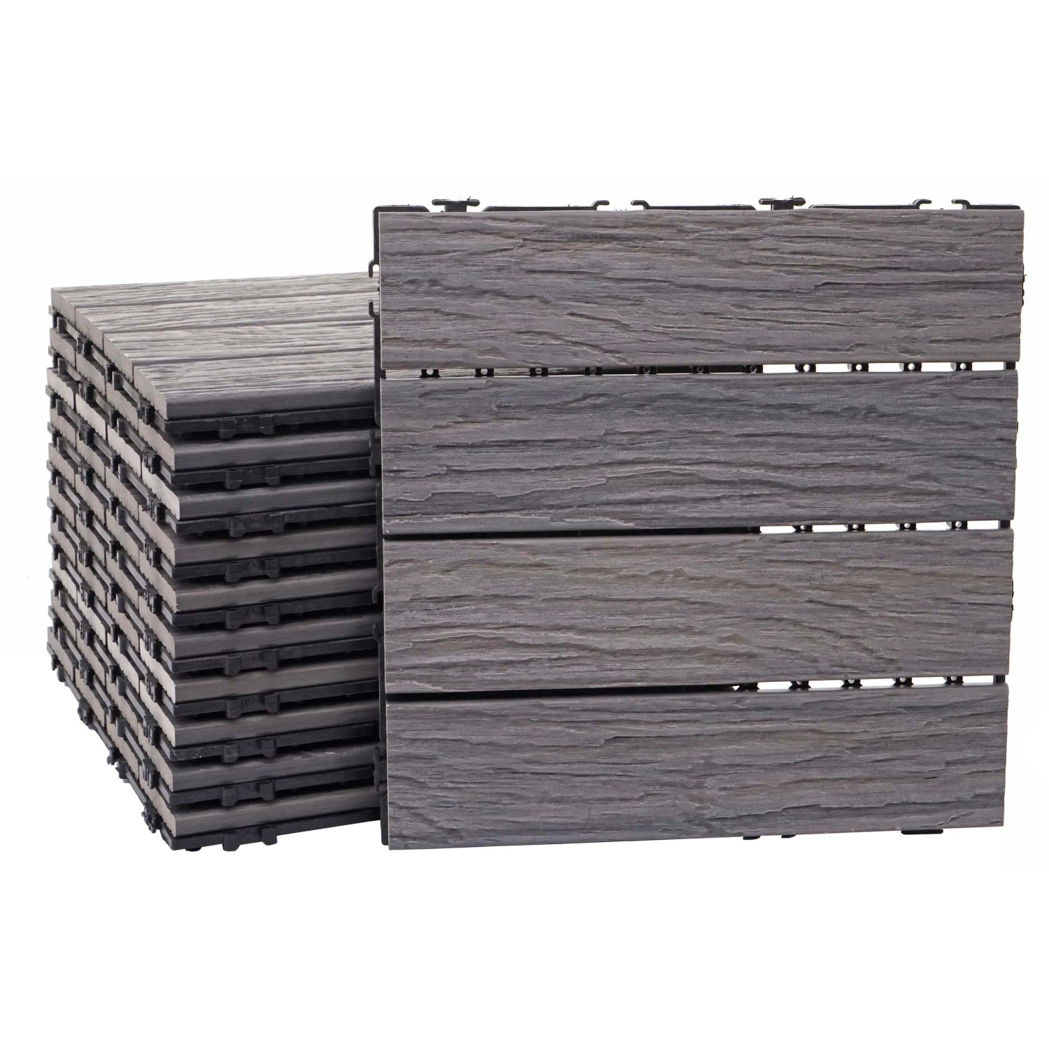 BERLINLODGE WPC Bodenfliese 11x Je BxT 30x30cm Holzoptik Balkon Terrasse 3D-Struktur Linear Antik-Braun