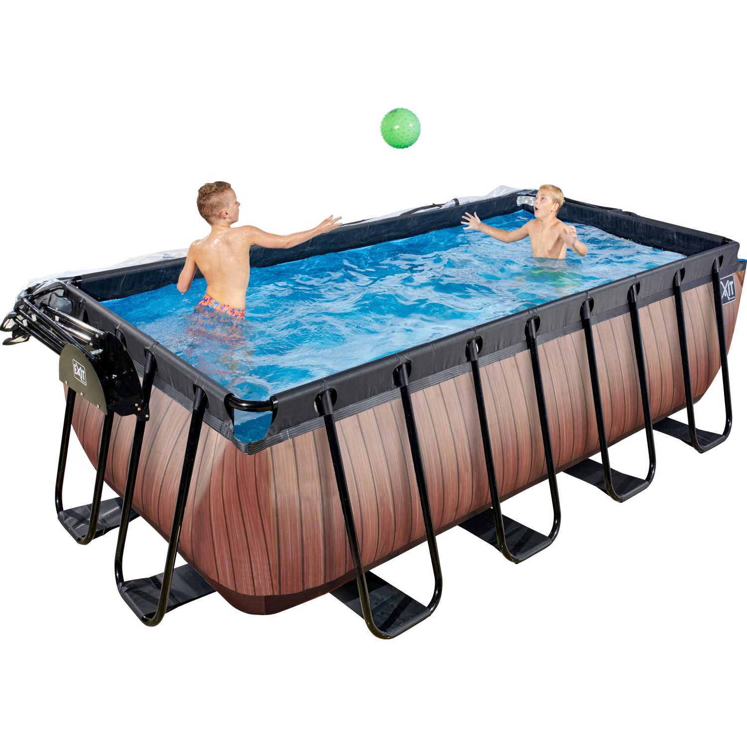 Rechteckiger EXIT Wood Pool 400x200x122 cm mit Abdeckung, Sandfilterpumpe und spielenden Kindern.