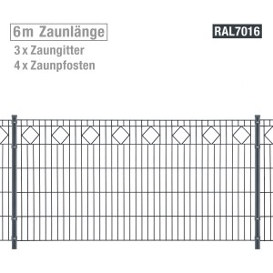 Metallzaun-Set Valencia, anthrazit, 100 cm hoch, 6 m lang. Gartenzaun mit Rautenmuster.