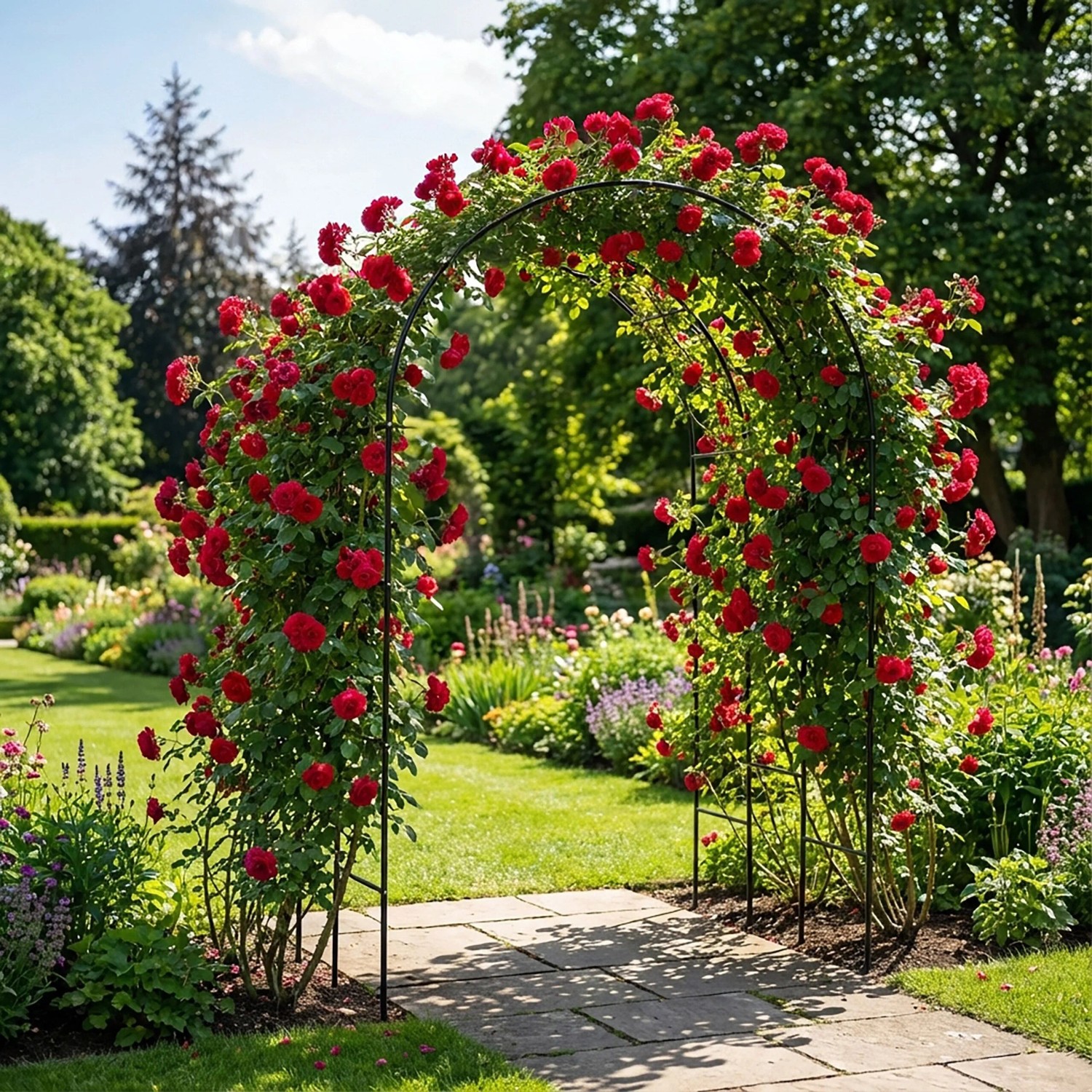 Schwarzer Rosenbogen aus Eisen, bewachsen mit roten Rosen, als Rankhilfe im Garten.