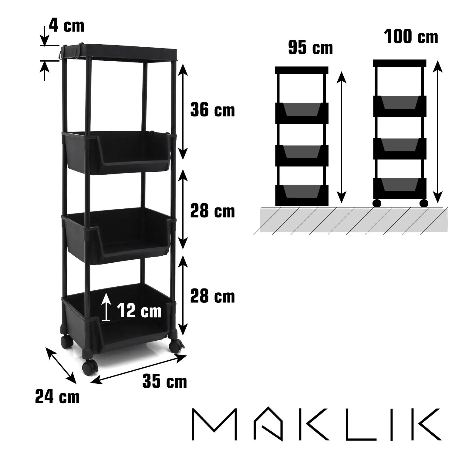 MAKLIK Küchenrollwagen 2er Set, schwarz, mit 4 Ablagekörben und Rollen, 35x24x100 cm.