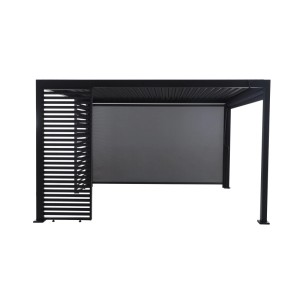 MWH Lamellenwand 93cm anthrazit, feststehend, in Pergola integriert. Bietet Privatsphäre. Mit dunklem Sichtschutzrollo.