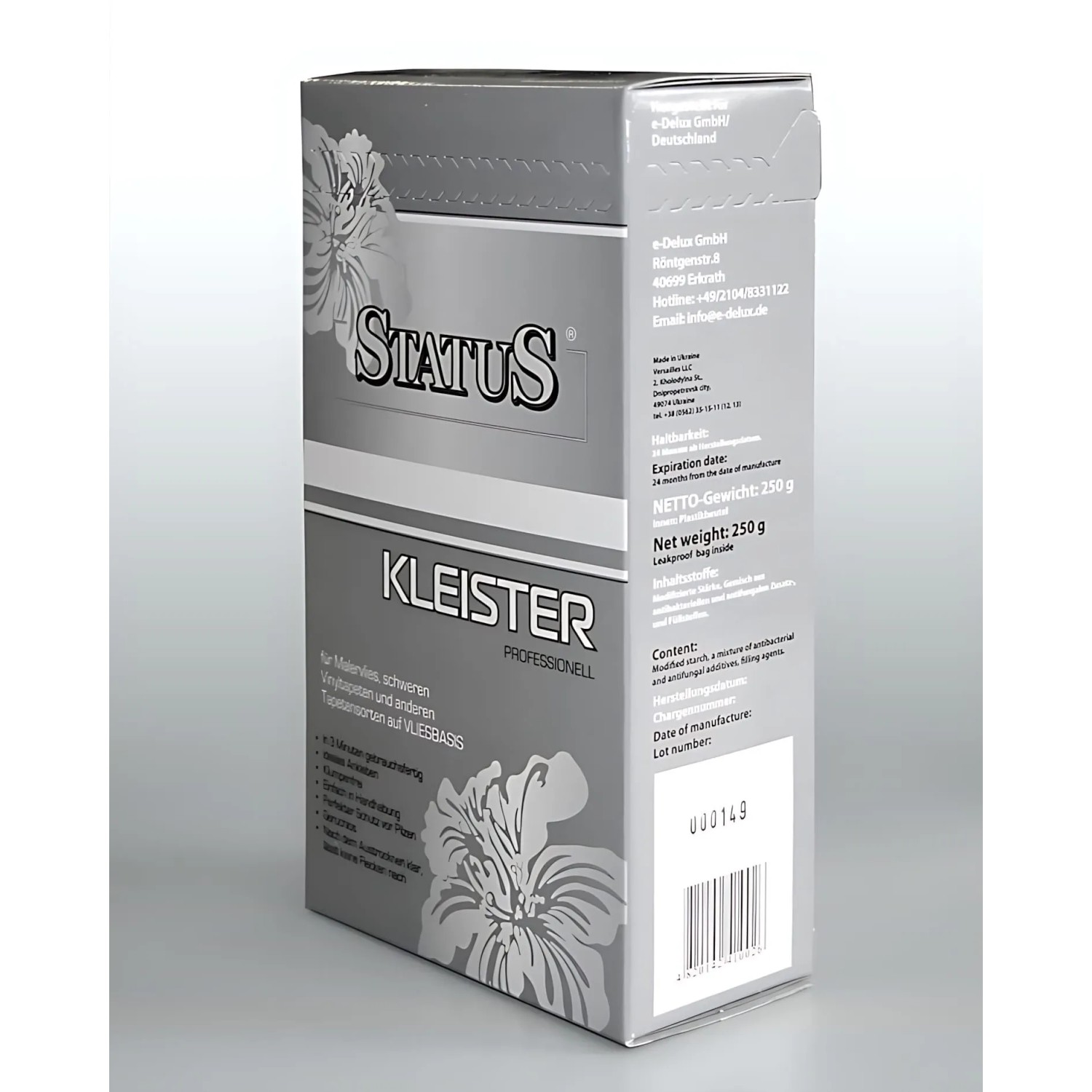 PROFHOME STATUS PROFI Tapetenkleister, 250g Packung für Vliestapeten, grau-weißes Design, reicht für 40 qm.