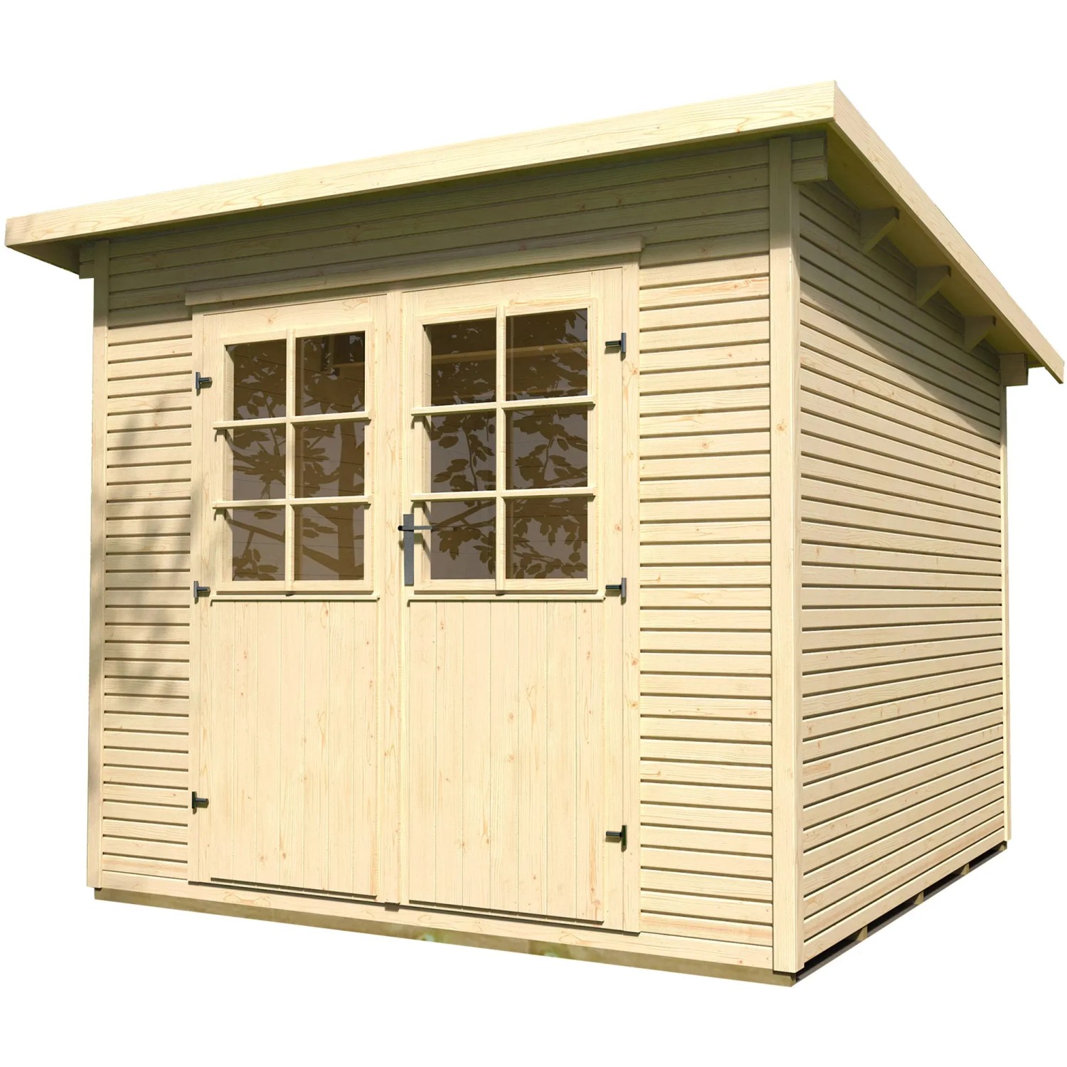 Naturbelassenes weka Gartenhaus 219 mit Flachdach und Doppeltür. Holz-Gartenhaus aus Fichte mit wekaLine Profil.