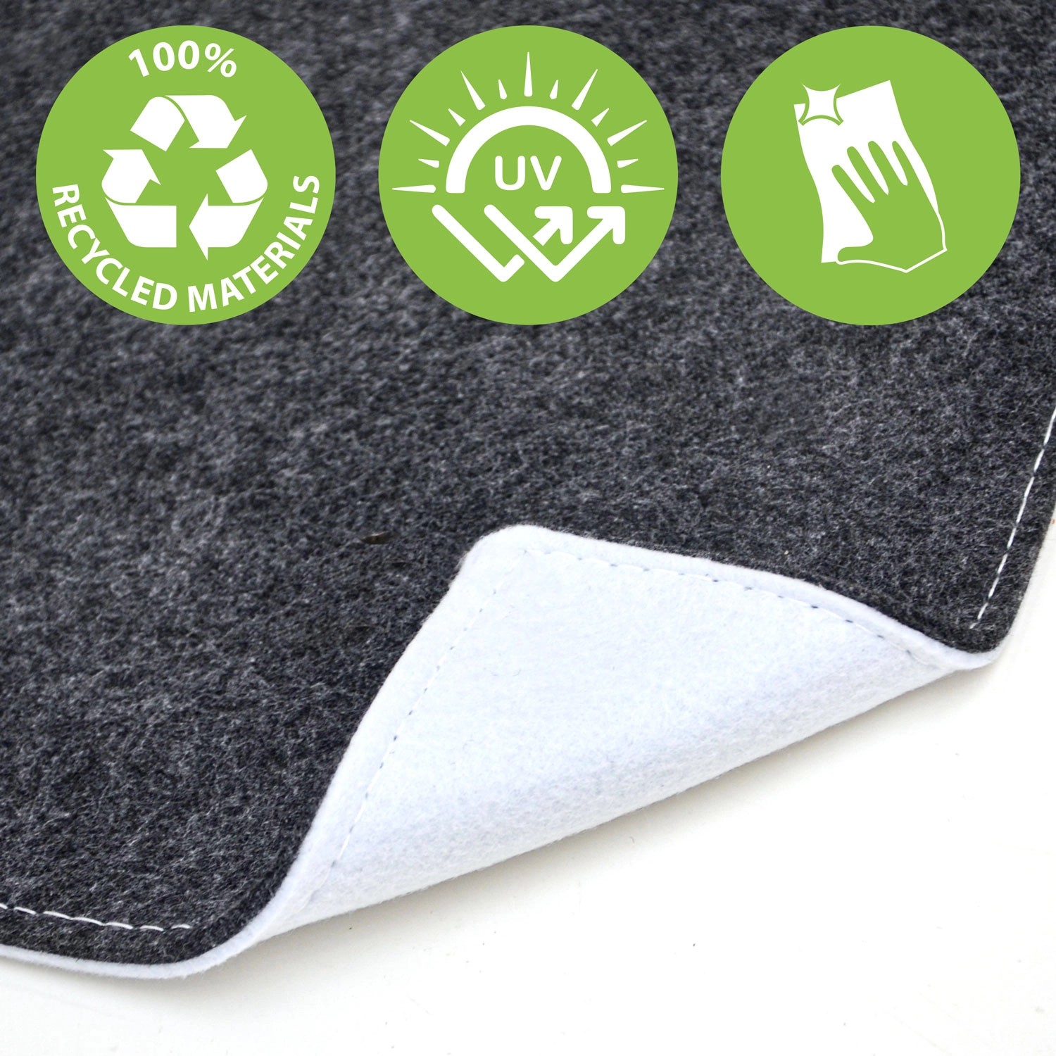 DuneDesign Bierbank Polster: Anthrazit-graue Filz-Auflage, wendbar mit weißer Seite, pflegeleicht.