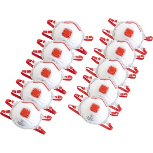 10er-Pack LUX Feinstaubmaske FFP3 NR D mit Ventil und roten Bändern für Arbeiten in staubiger Umgebung.