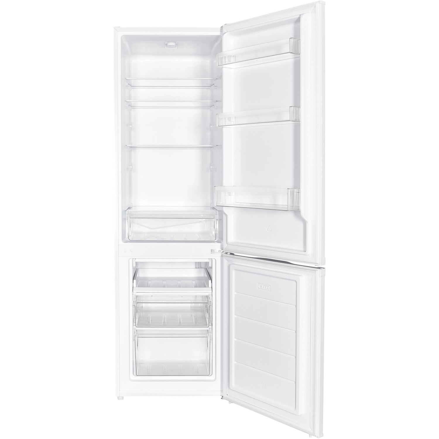 Offene, weiße PKM Kühl-Gefrierkombination KG240EW mit LED-Beleuchtung und Fächern.