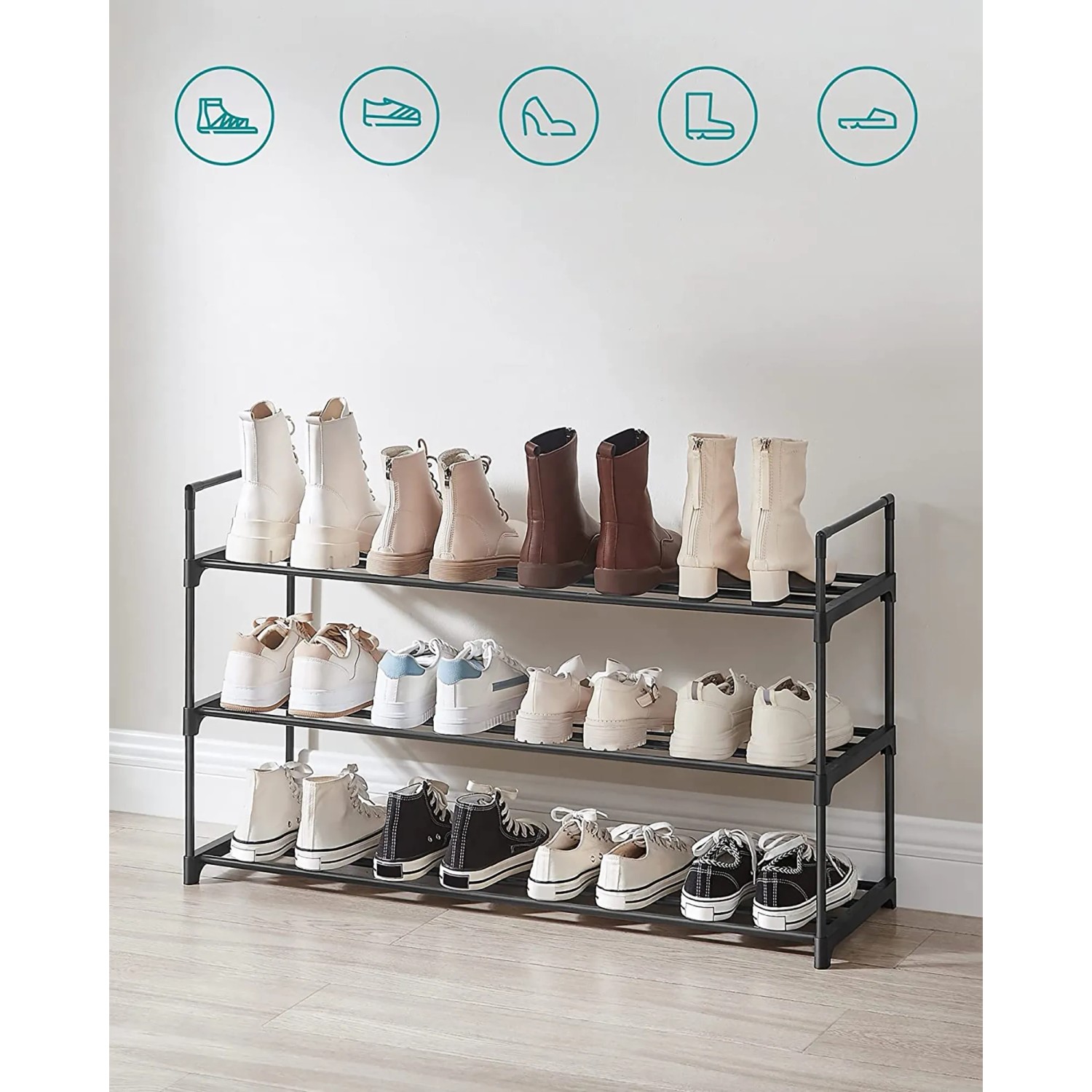 Schwarzes Songmics Metallregal mit 3 Ebenen für Schuhe, ideal für Flur und Schlafzimmer.