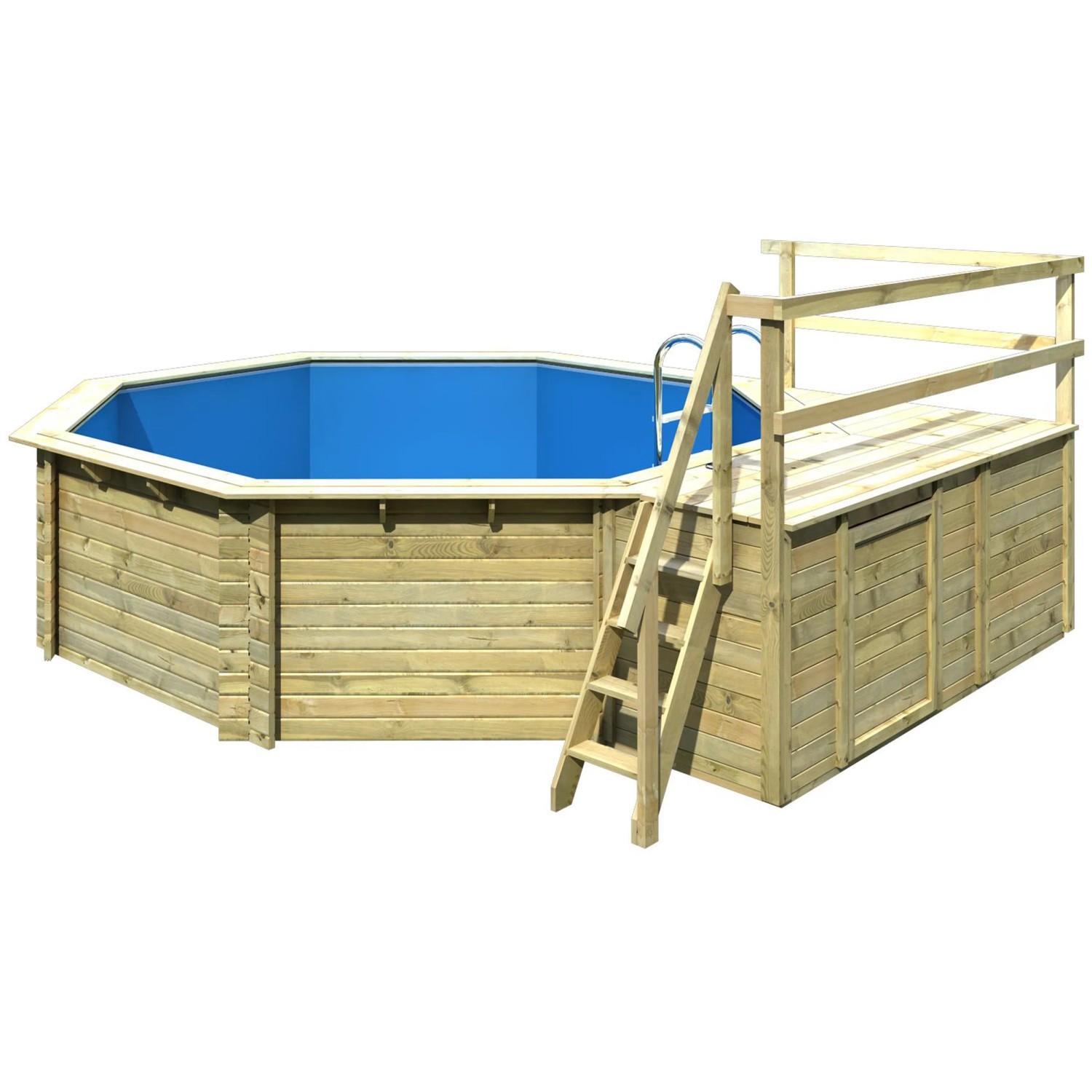 Karibu Holzpool Set mit Sonnenterrasse, Leiter und Filteranlage.