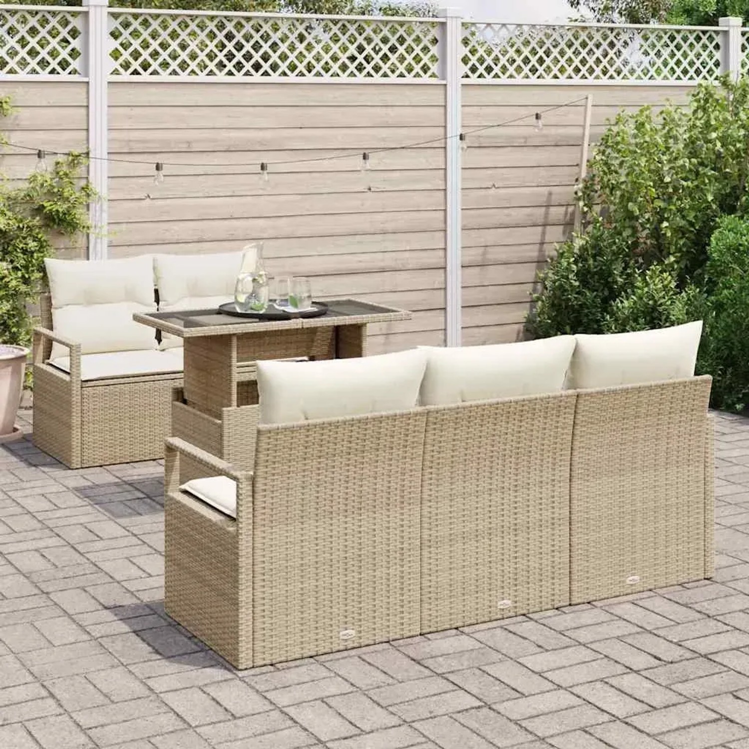 Beiges 6-tlg. vidaXL Garten-Sofa-Set aus Poly Rattan mit Tisch und Auflagen für Terrasse und Garten.