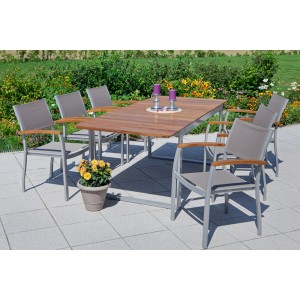 Merxx Gartenmöbel-Set Naxos, 7-teilig, mit Ausziehtisch und Stapelstühlen in Grau.