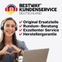 Bestway Kundenservice: Lächelnde Frau mit Headset am Laptop, Hände formen Herz. Original Ersatzteile, Beratung, Service, Garantie.