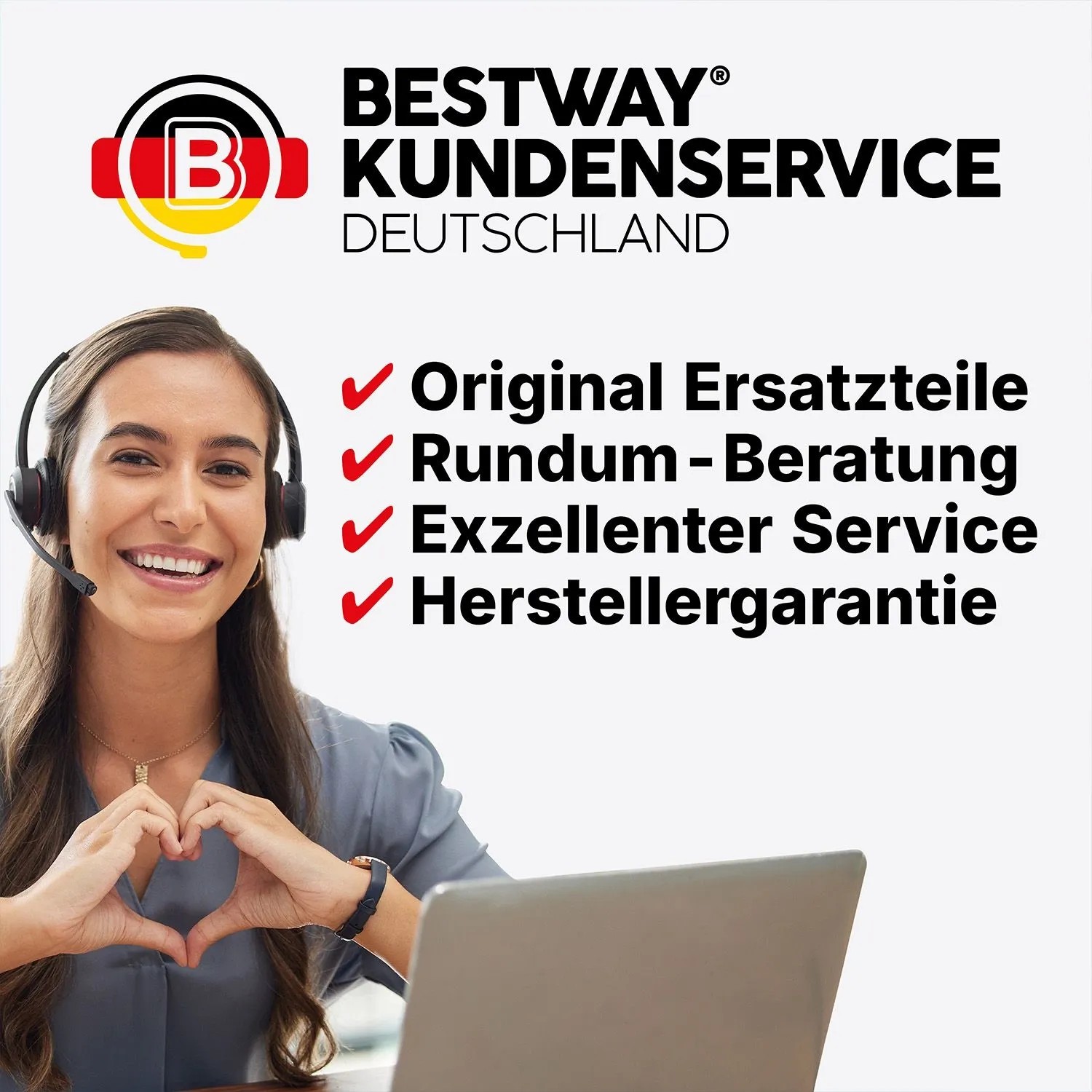Bestway Kundenservice: Lächelnde Frau mit Headset am Laptop, Hände formen Herz. Original Ersatzteile, Beratung, Service, Garantie.