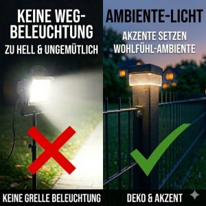 Vergleich: Helles Weglicht (X) vs. dezente Solar Zaunleuchte (✓) am 60x40 Zaunpfosten für stimmungsvolles Ambiente.