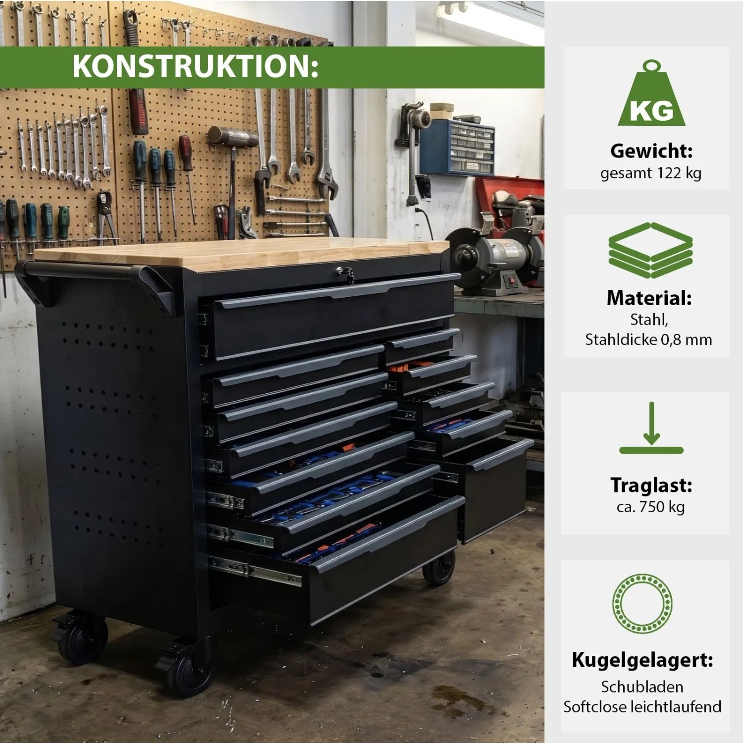 TRUTZHOLM Werkstattwagen Star XL aus Stahl, schwarz, mit Hartholzplatte, 12 Schubladen und Werkzeug.