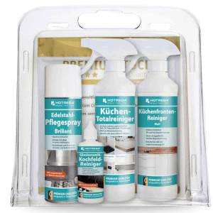 Hotrega Küchenset 5-teilig: Reiniger für matte Küchen, Edelstahl, Kochfeld und Mikrofasertuch.