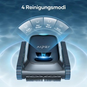 Dunkelblauer Poolroboter Scuba S1 mit Raupenantrieb im Wasser. Zeigt 4 Reinigungsmodi: Auto, Boden, Wand, ECO.