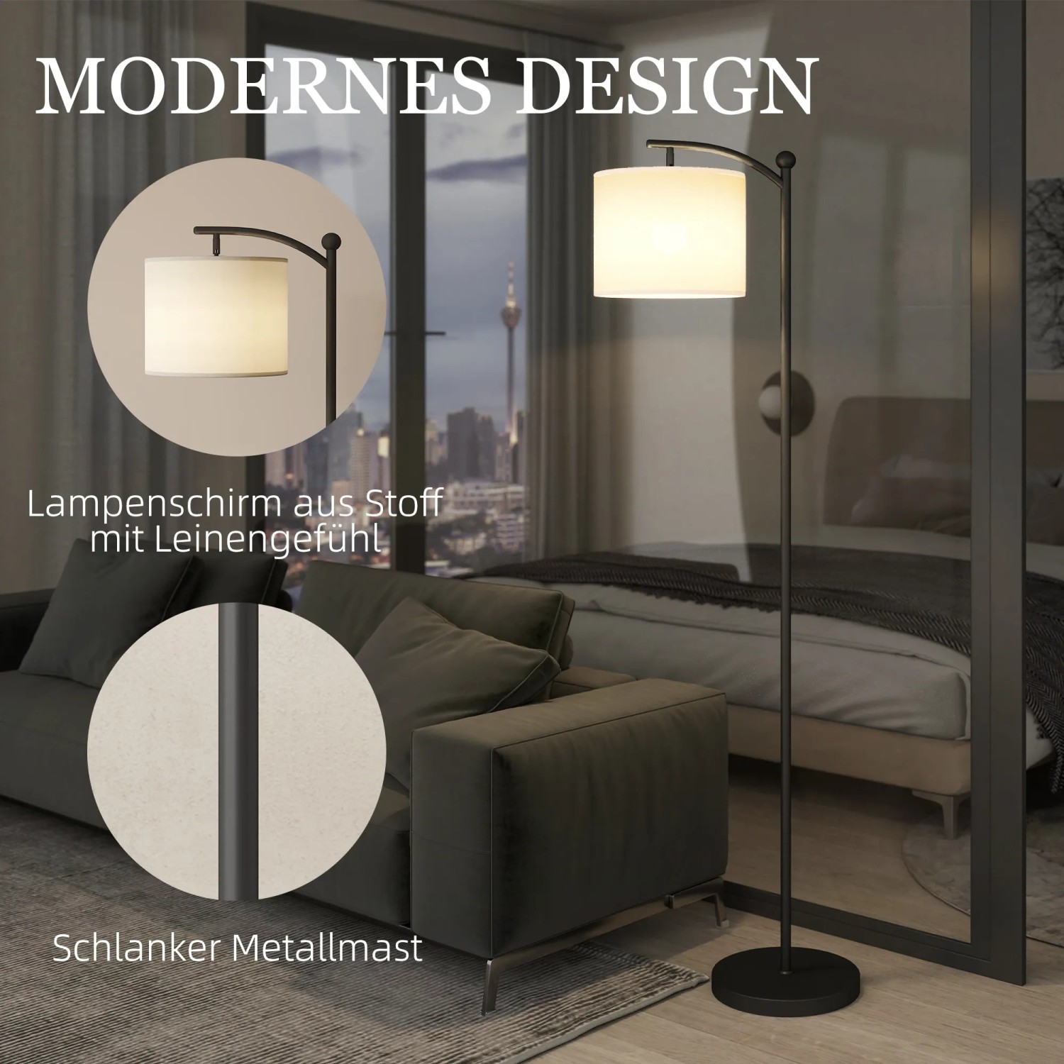 HOMCOM Stehlampe, schwarz-cremeweiß, mit Stoffschirm und Metallfuß. Elegante Innenleuchte.