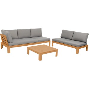 Lounge Garnada: Gartenmöbel-Set aus Akazienholz mit grauen Polstern und Tisch.