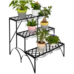 Schwarze Tectake Blumentreppe Michelle mit 3 Stufen und Pflanzen, 60x60x60 cm.