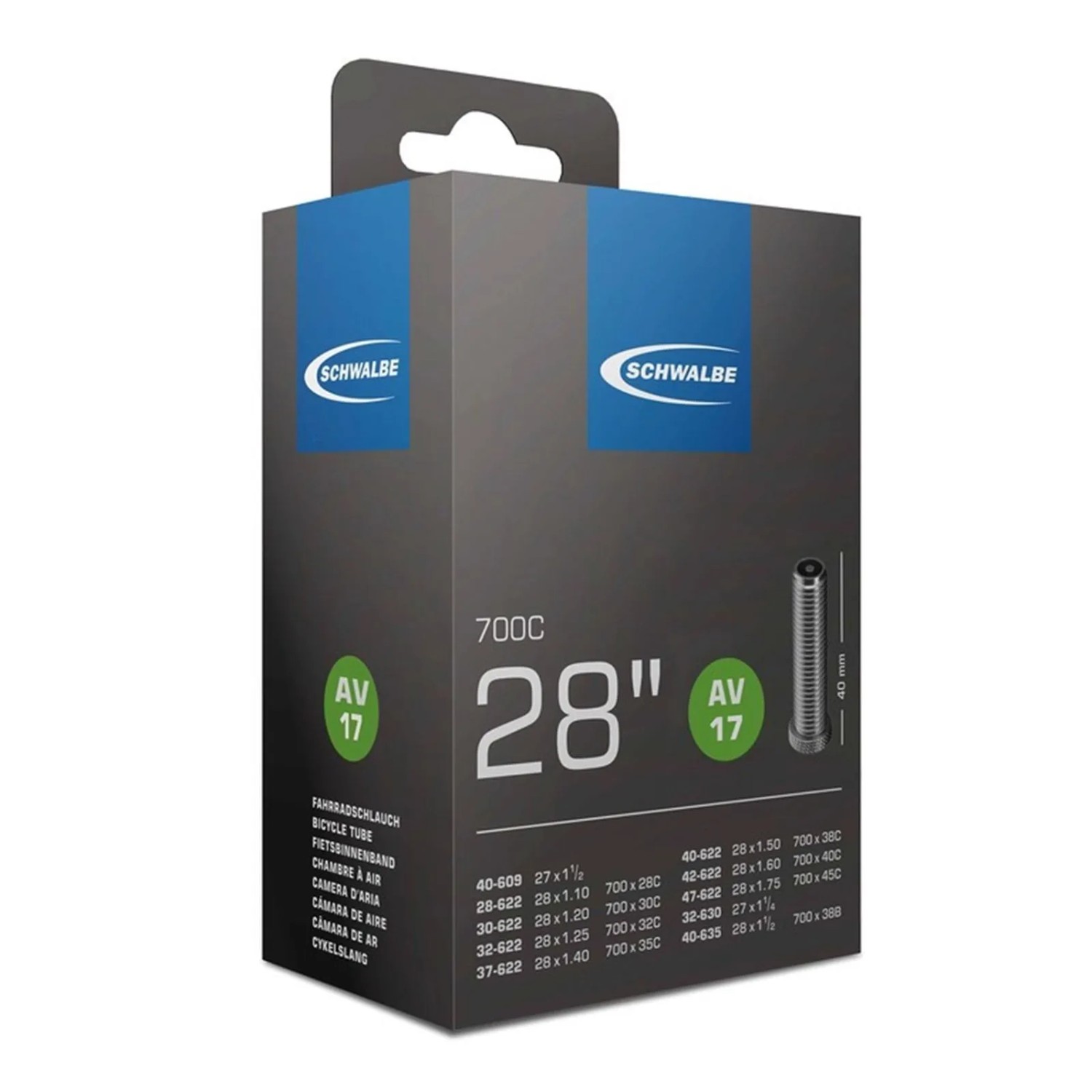 Schwalbe Schlauch AV 17 in Folie 28x1 1/8-1.75 Zoll 28/47-622/635 AGV 40mm