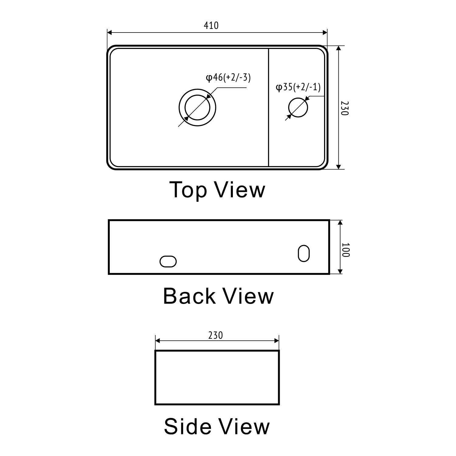 Technische Zeichnung: Baliv Davenport Wand- & Aufsatzwaschtisch, 41 cm, Maße und Ansichten.