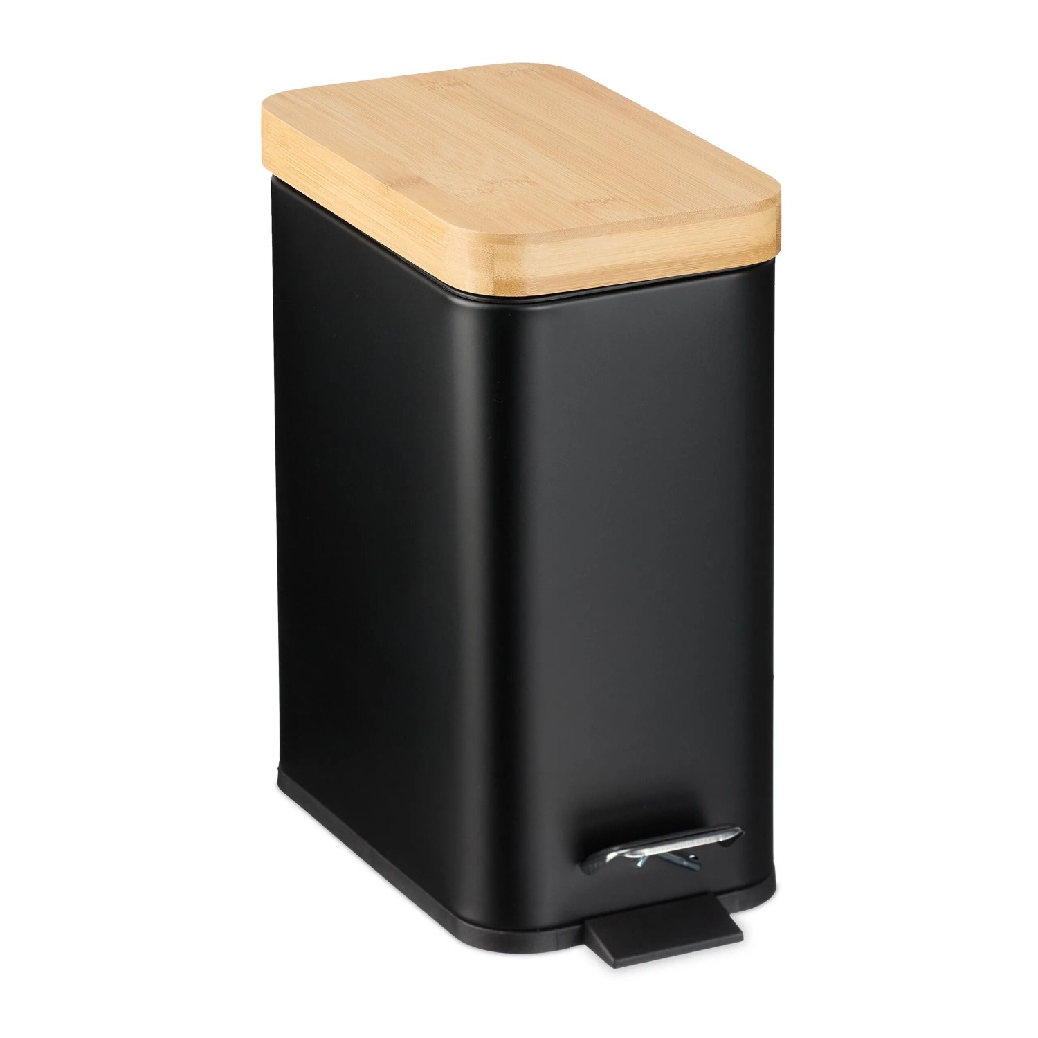Relaxdays Treteimer Eisen Bambus Kunststoff Schwarz Rutschfest Softclose 5, 29,5 cm x 14 cm x 29 cm 1 kg